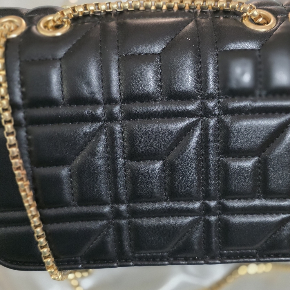 Black Quilted Faux Leather Bag with Bee Clasp & Adjustable Gold Chain - Picture 4 of 5